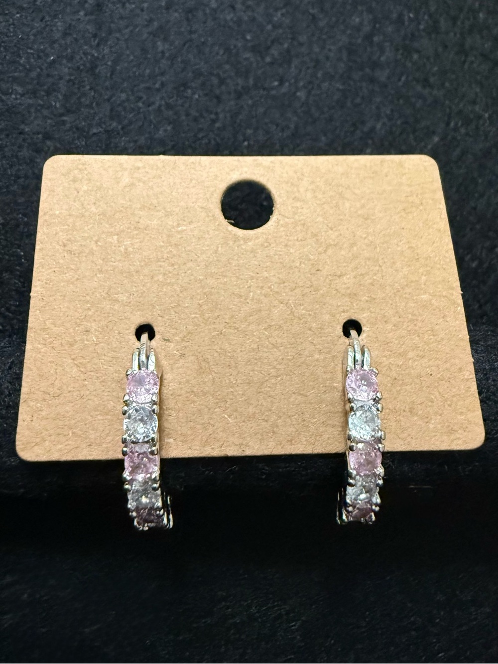 Silver Tone Hoop Earrings Rose Pink and Clear Round Cubic Zirconia New